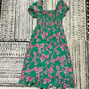 J. Crew Smocked midi dress with puff sleeves Size S Green/Pink floral print